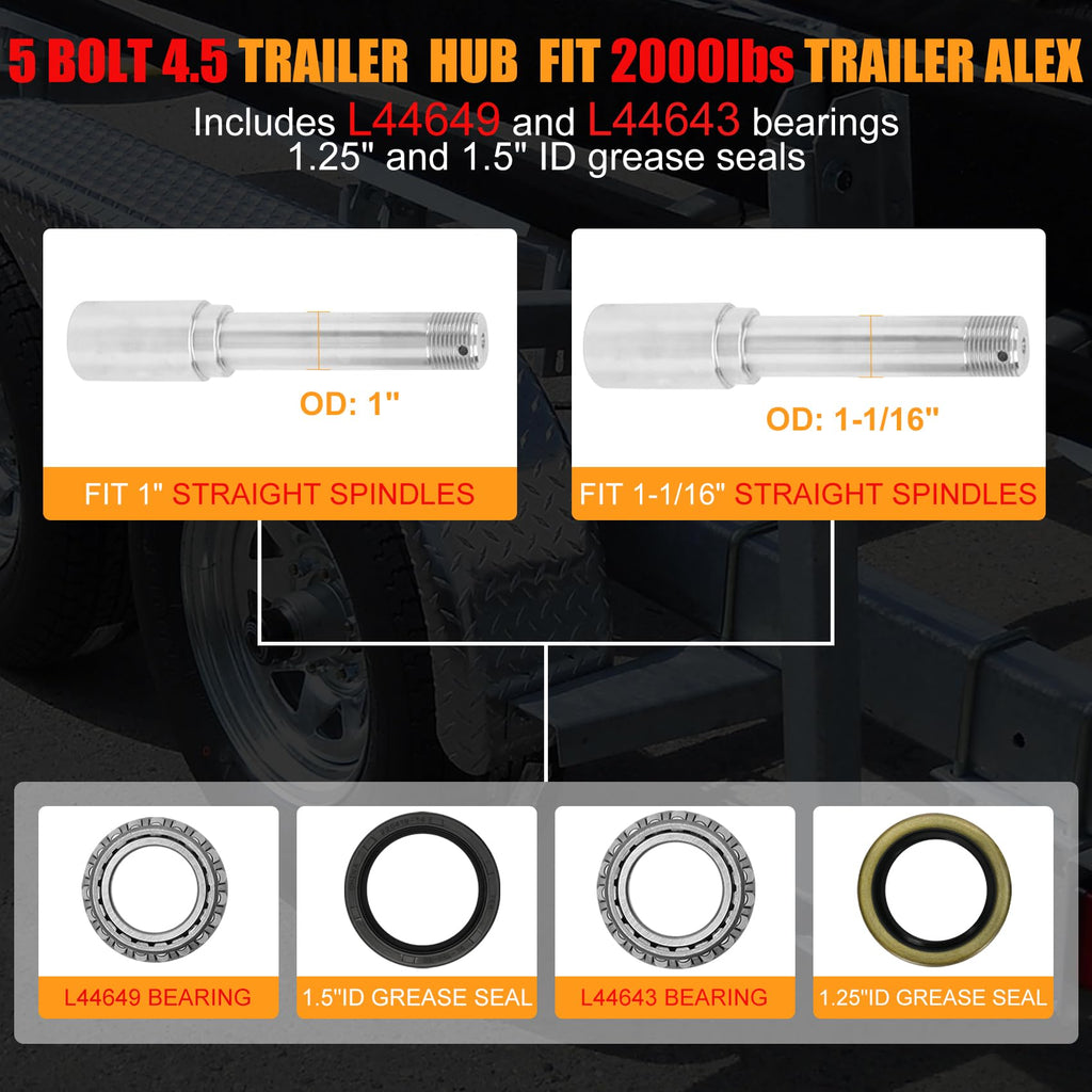 2 Sets 2000lb Trailer Axle Trailer Hub Kit 5 Bolt 4.5",Trailer Hub 5 Lug fit 1" and 1-1/16" Trailer Straight Spindle,5×4.5 Trailer hubs,Boat Trailer