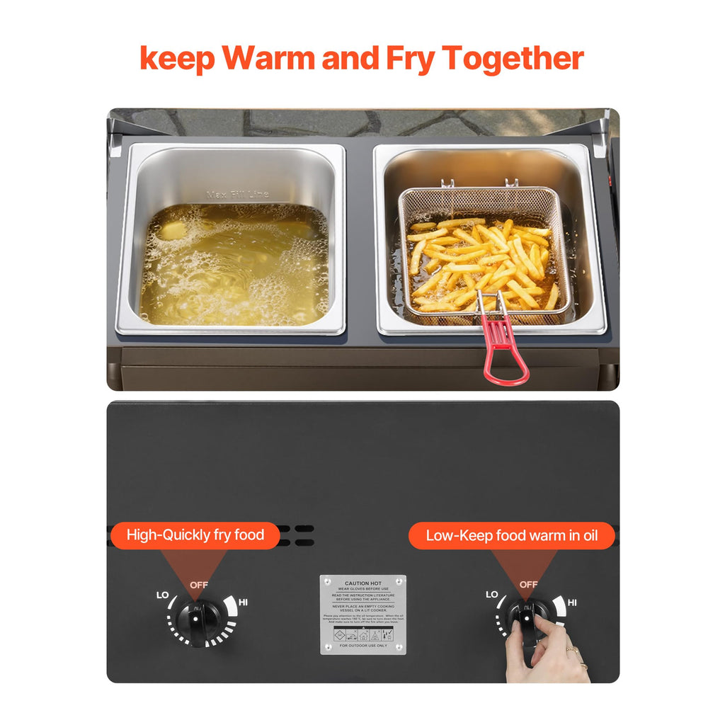 VEVOR Outdoor Propane Deep Fryer, Double Burners Commercial Fryer, 16 Qt Stainless Steel Cooker with Removable Baskets & Lids & Tanks, Oil Fryer Cart