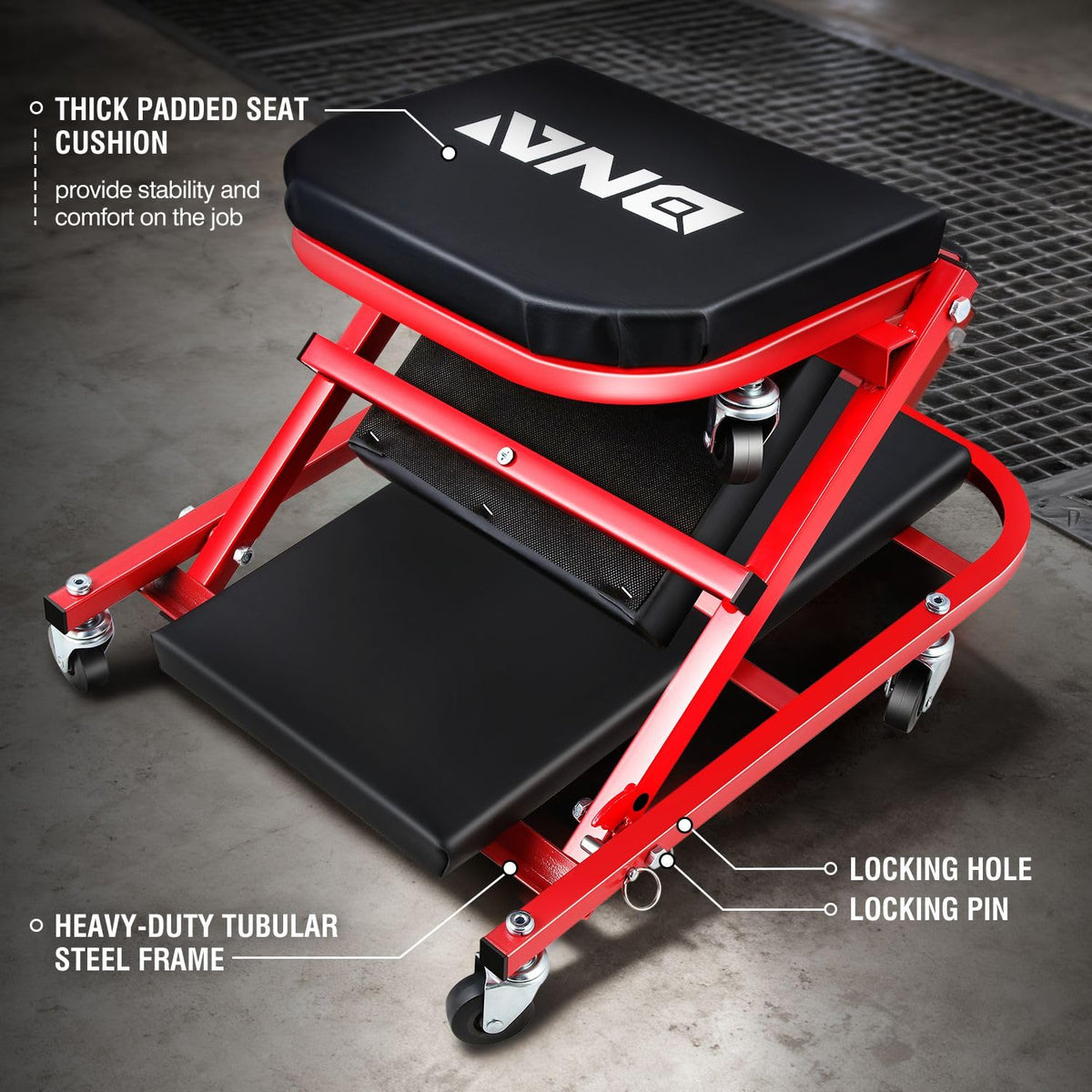 ‎DNA MOTORING TOOLS-00186 40 Inches 2 IN 1 Rolling Folding Car Creeper/Seat, 6 Pcs 2" Casters, 150kg Weight Capacity, Red