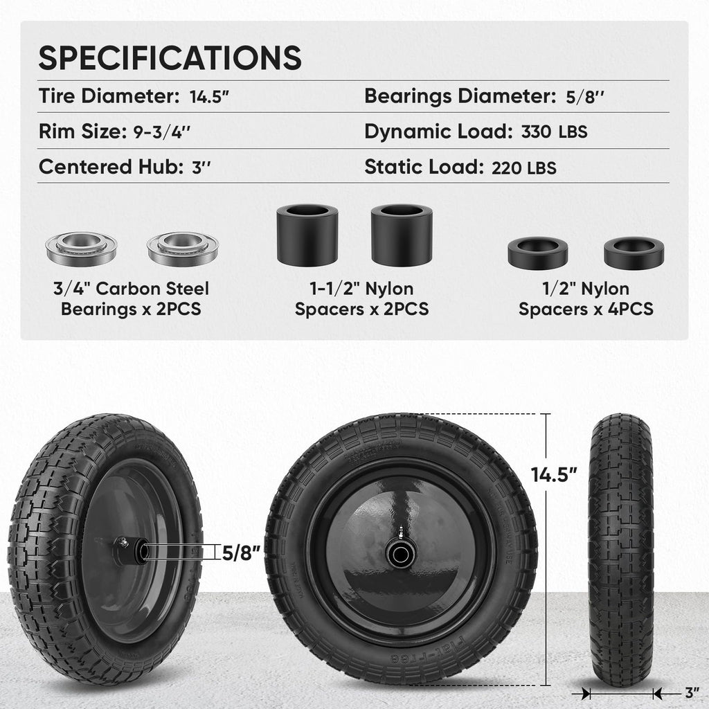 TICONN 4.80/4.00-8 Tire, 14.5" Flat Free Wheelbarrow Tire and Wheel