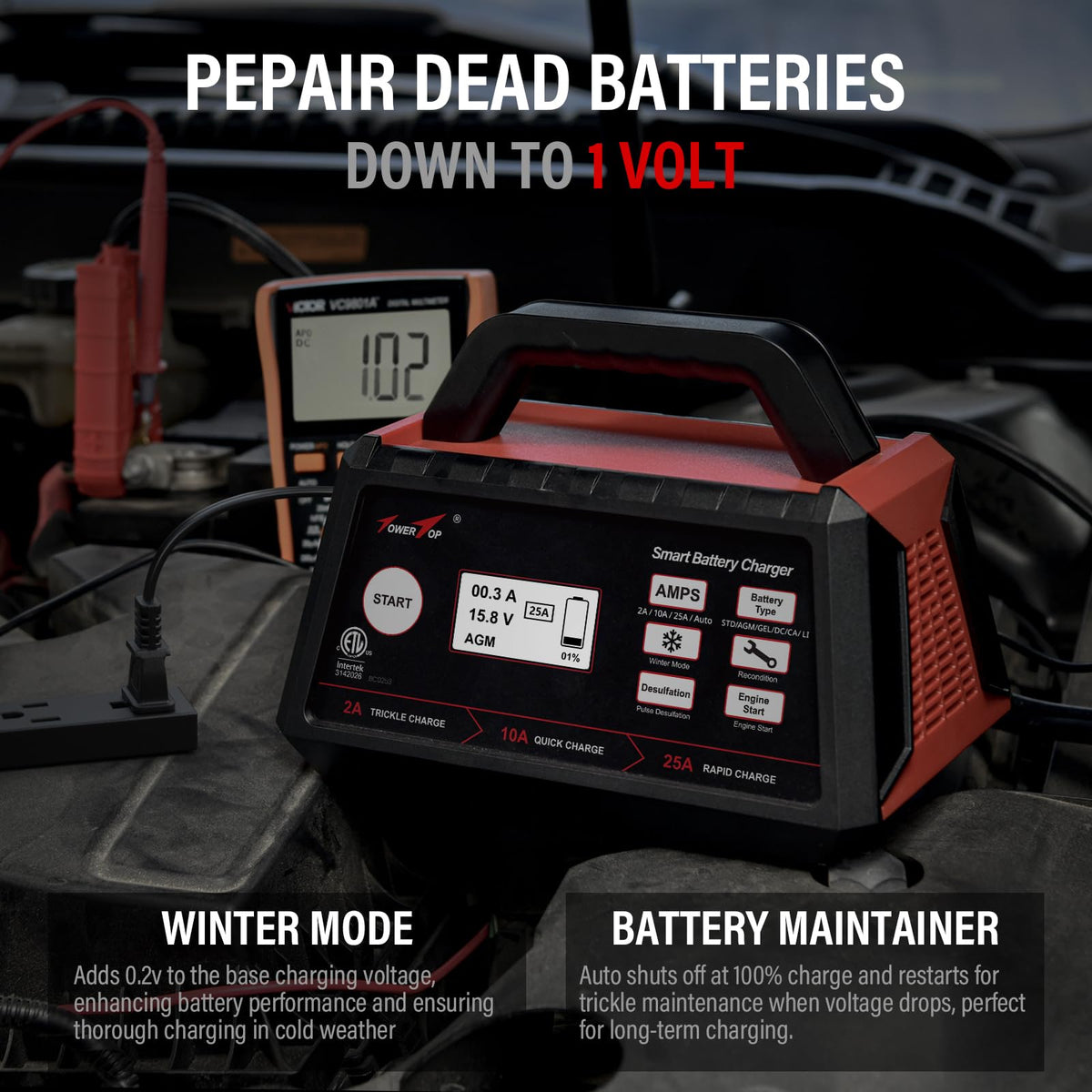 TowerTop 2/10/25 Amp 12V Smart Car Battery Charger, Fully Automatic Battery Maintainer with Engine Start, Auto Desulfator, Battery Repair, Winter