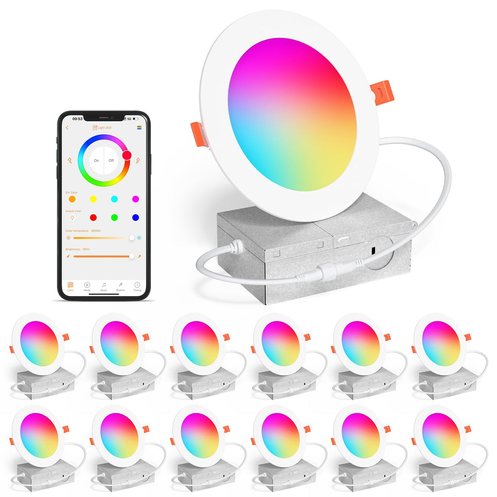 Smart Recessed Lighting 4 Inch RGBCW Color Changing 12W LED Downlight with Junction Box,1080 Lumen Recessed Ceiling Light Compatible with Alexa