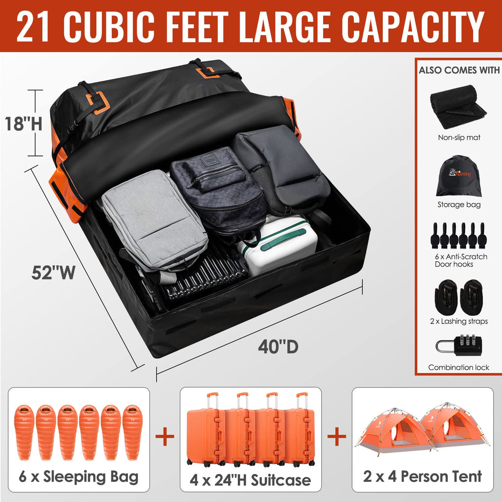 Car Rooftop Cargo Carrier Bag, 21 Cubic Feet 100% Waterproof Heavy Duty 840D Car Roof Bag for All Vehicle with/Without Racks - Anti-Slip Mat, 6 Door