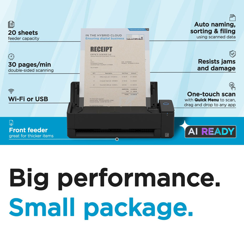 ScanSnap iX1300 Wireless or USB Double-Sided Color Document Scanner, Black