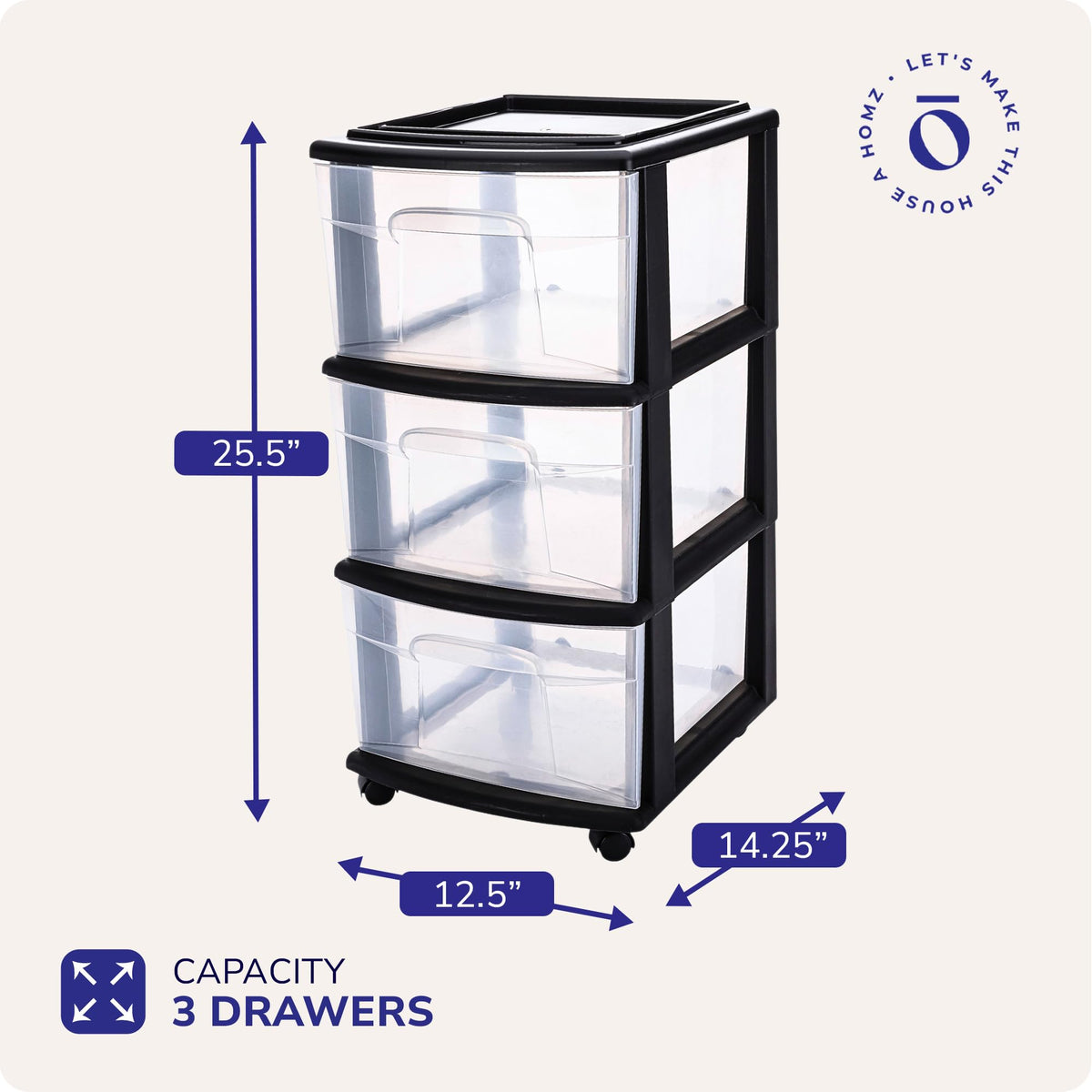 Homz 3 Drawer Plastic Storage Cart Organizer, Clear Drawers, Black Frame
