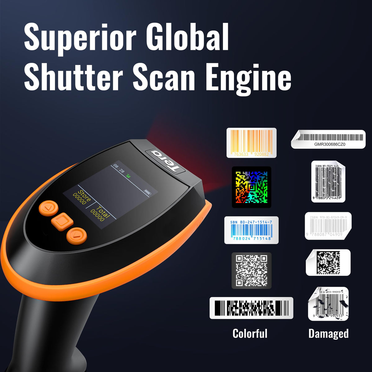 Tera Barcode Scanner Wireless with Screen: Pro Version 1D 2D QR with Setting Keypad Charging Cradle Works with Bluetooth 2.4G Wireless USB Wired