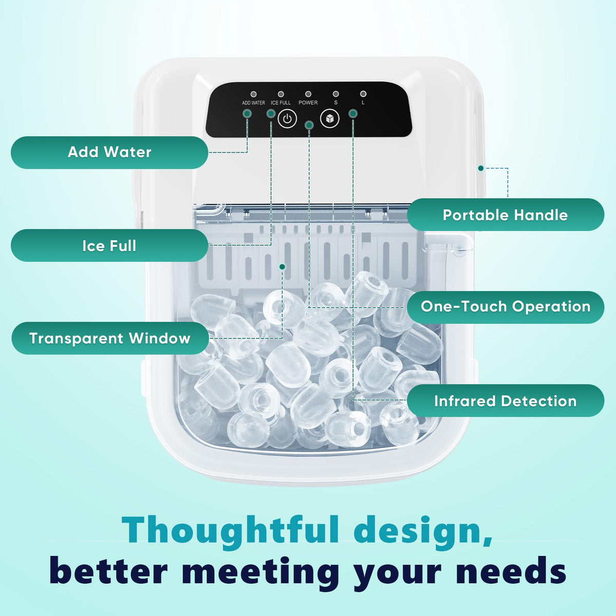 Sweetcrispy Countertop Ice Maker with Scoop, Basket and Handle, Portable Ice Machine 9 Cubes Ready in 6 Mins, 26.5lbs in 24Hrs, 2 Sizes for Home