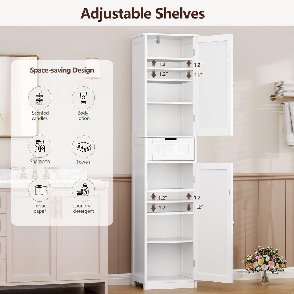 Iwell 66.9" Tall Bathroom Storage Cabinet with 2 Doors & 1 Drawer, Narrow Storage Cabinet with Adjustable Shelves, Floor Cabinet for Bathroom, Living