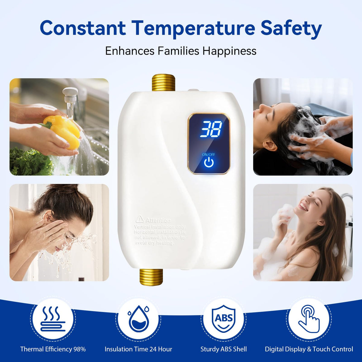 110V Tankless Water Heater Electric, 3000W Tankless Electric Water Heater Instant, Under Sink Water Heater with Digital Display, On Demand Hot Water