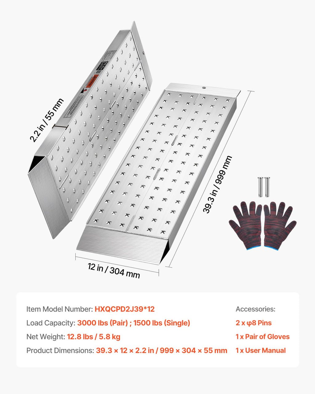 VEVOR Aluminum Trailer Ramps, 2PCS 39 x 12 in, Heavy-Duty ATV Ramp Set with Anti-Slip Plates, 3000LBS Combined Capacity Loading Ramps for Motorcycles