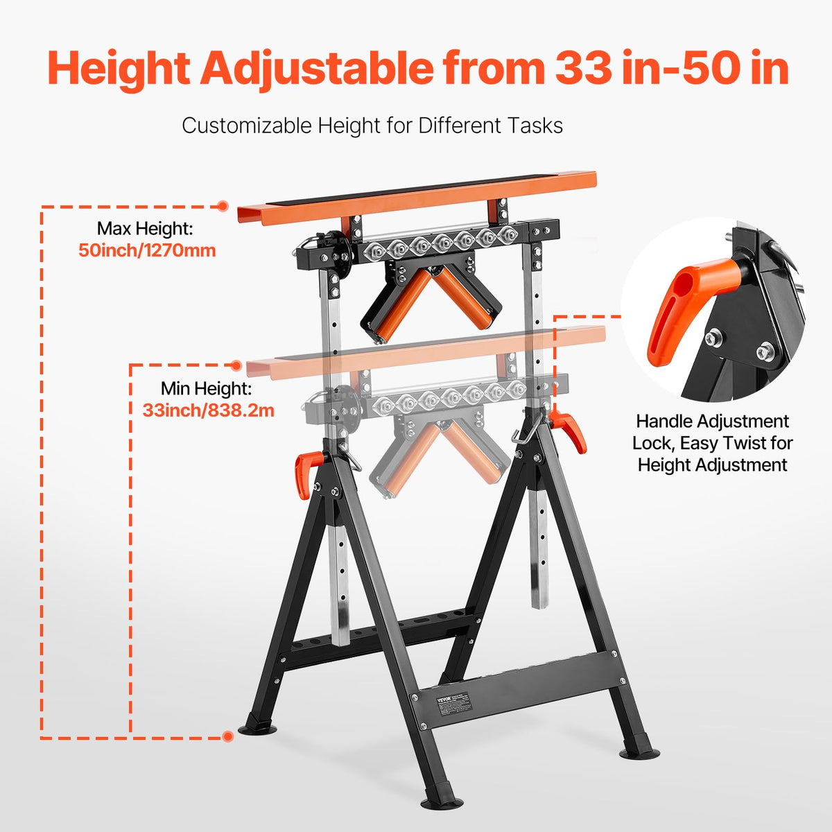 VEVOR 4-in-1 Roller Stand, 440 lb Load Capacity, 33-50 in Adjustable Height, Folding Heavy Duty with Rack & Polished Multi-Directional Roller Head