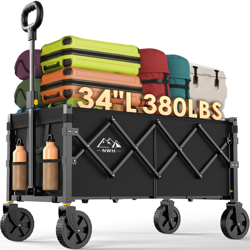 NWH 34'' Extra Long Collapsible Wagon, 380lbs Large Capacity Folding Wagons Carts with Wheels Foldable, Heavy Duty Utility Cart with All-Terrain