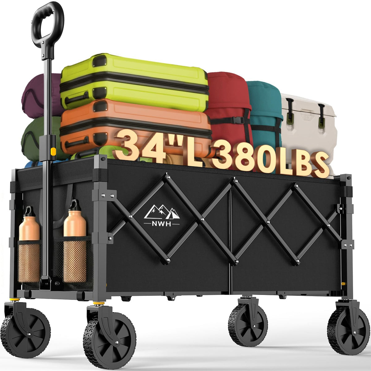 NWH 34'' Extra Long Collapsible Wagon, 380lbs Large Capacity Folding Wagons Carts with Wheels Foldable, Heavy Duty Utility Cart with All-Terrain