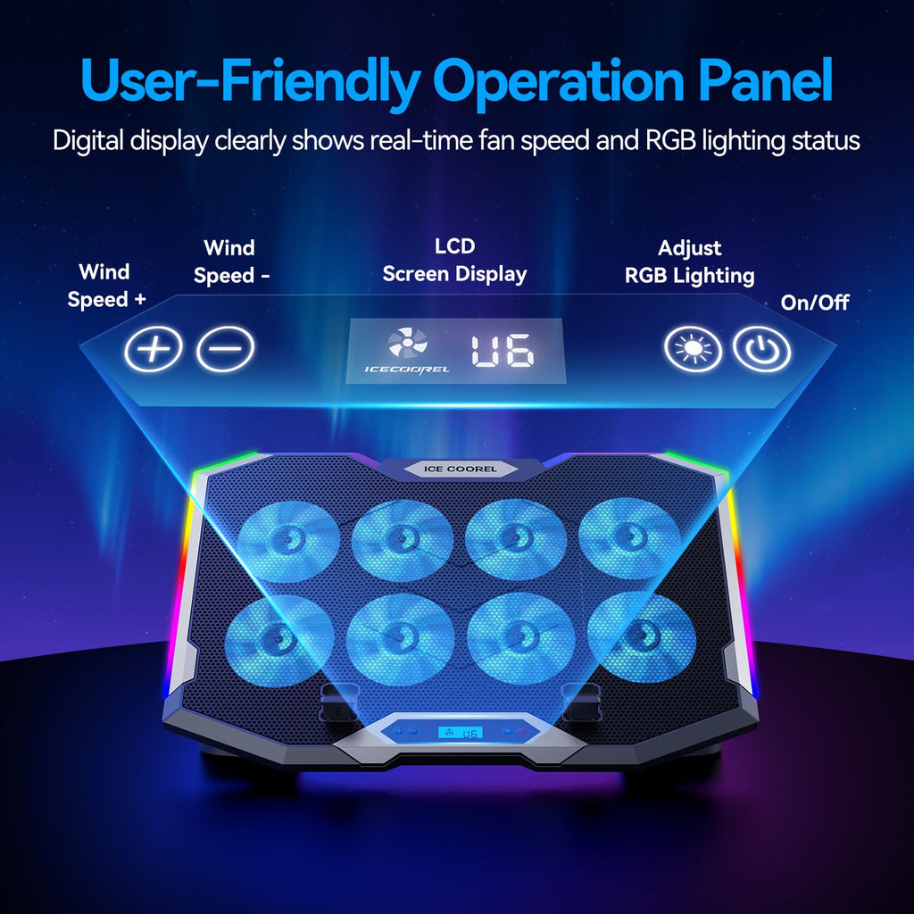 Gaming Laptop Cooling Pad with 8 Cooling Fans, Laptop Fan Cooler Pad for 15-17.3 Inch, Notebook Cooler Stand with 6 Height Adjustable, RGB Cooling