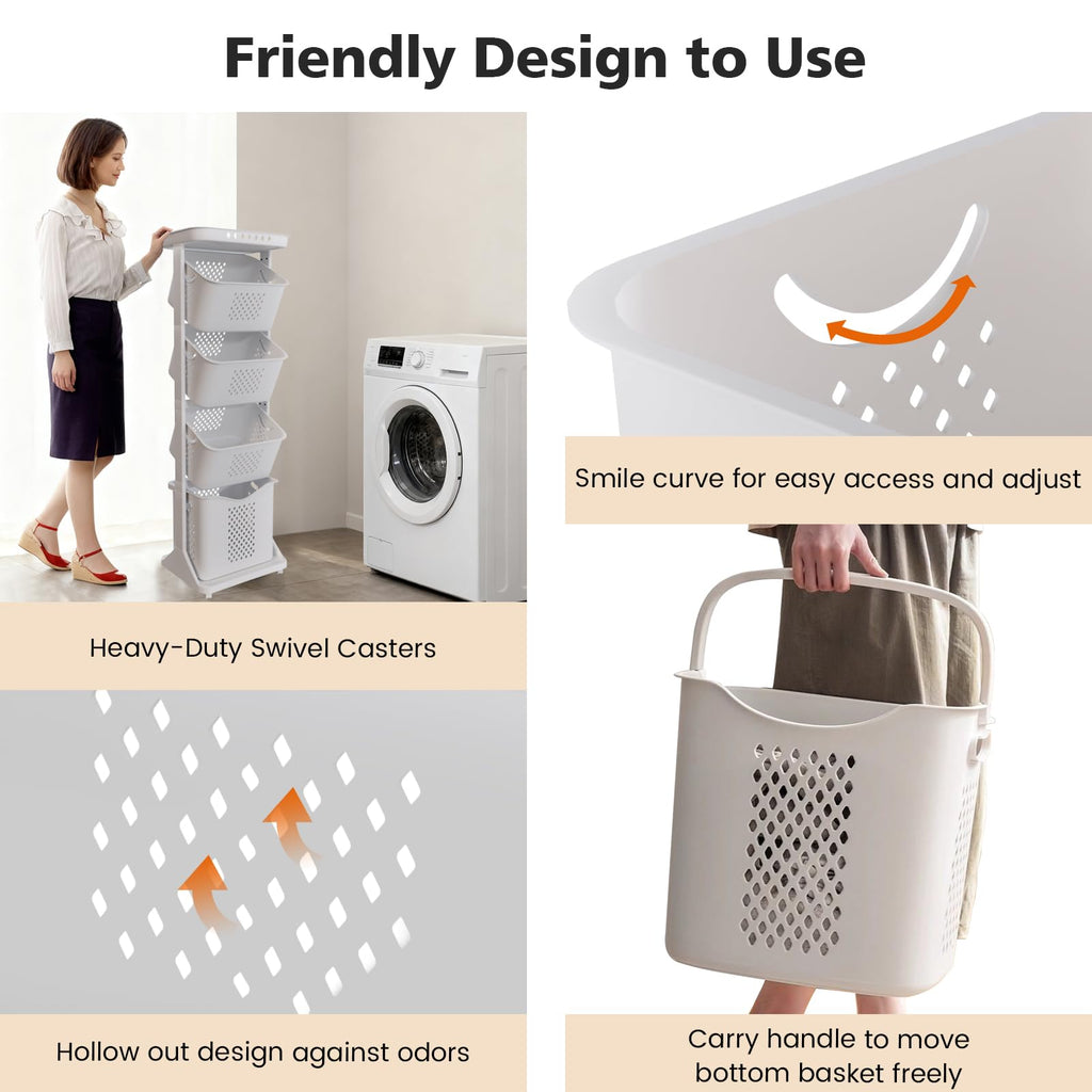 BAOKALER 4-Tier Laundry Hamper Sorter, Vertical Laundry Baskets with Wheel