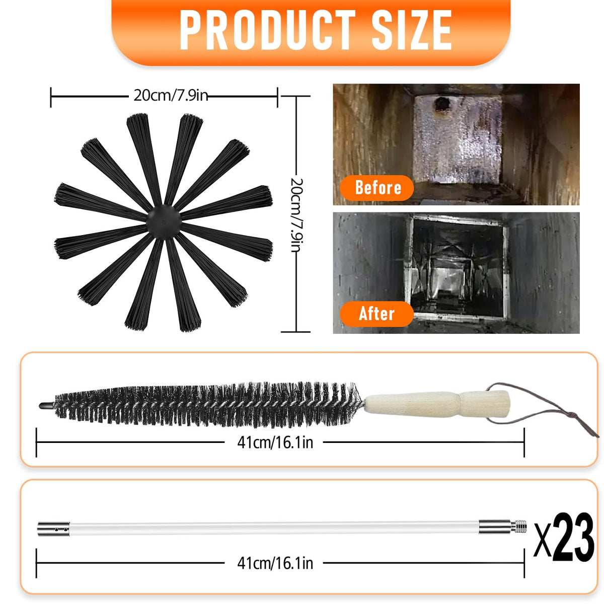 30Feet Chimney Sweep Kit,8 in Brush Head,Dryer Vent Cleaner Kit, Chimney Sweep&Chimney Cleaning Kit, Rotary Chimney Cleaning System for