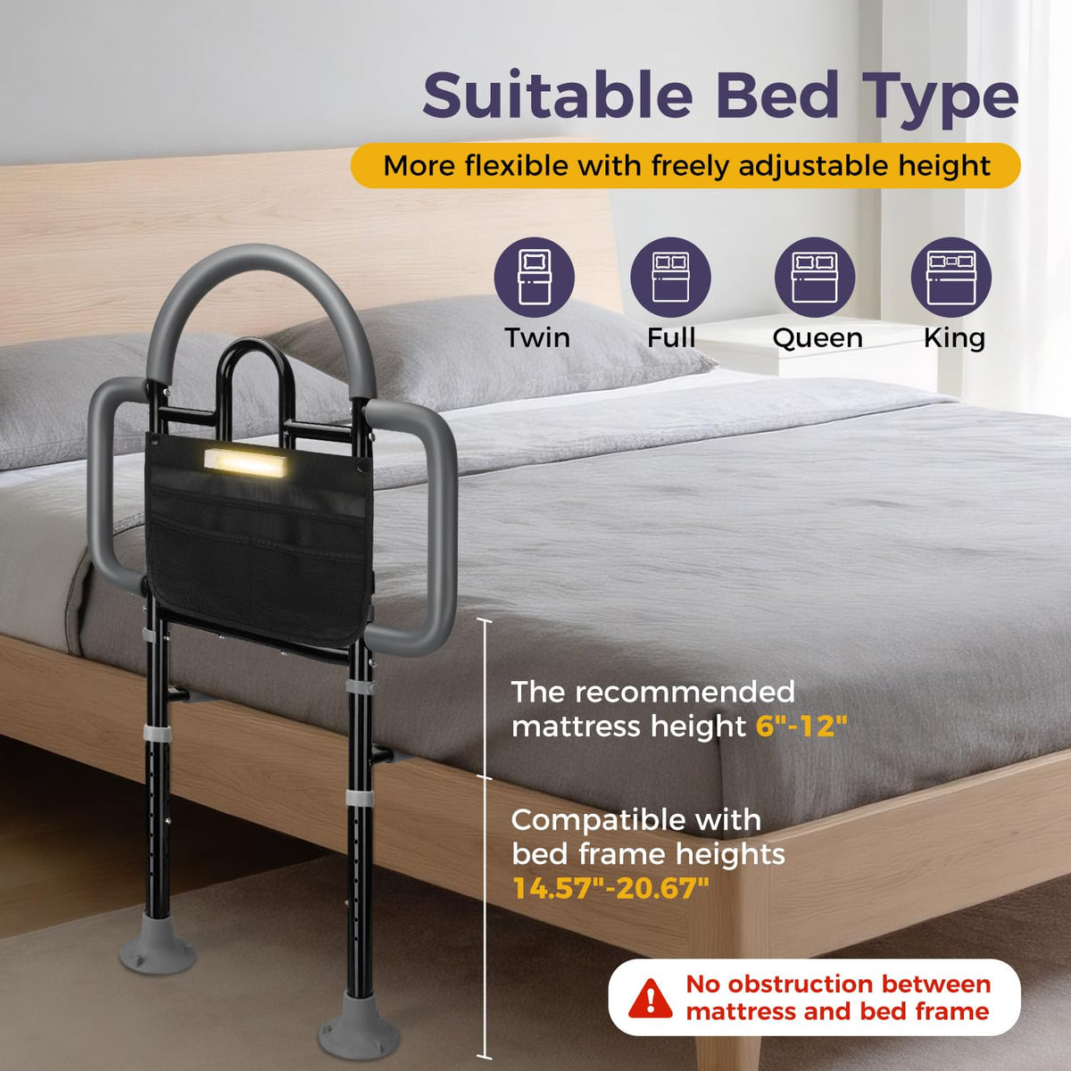 Bed Rails for Elderly Adults, 400lbs Load with Motion Sensor Light