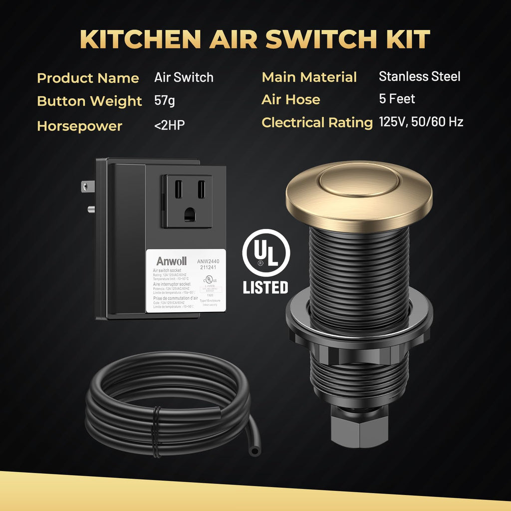 Garbage Disposal Air Switch Kit - UL Listed Wireless Sink Top Button, Champagne Bronze Finish, Compatible with Delta Faucet Champagne Bronze