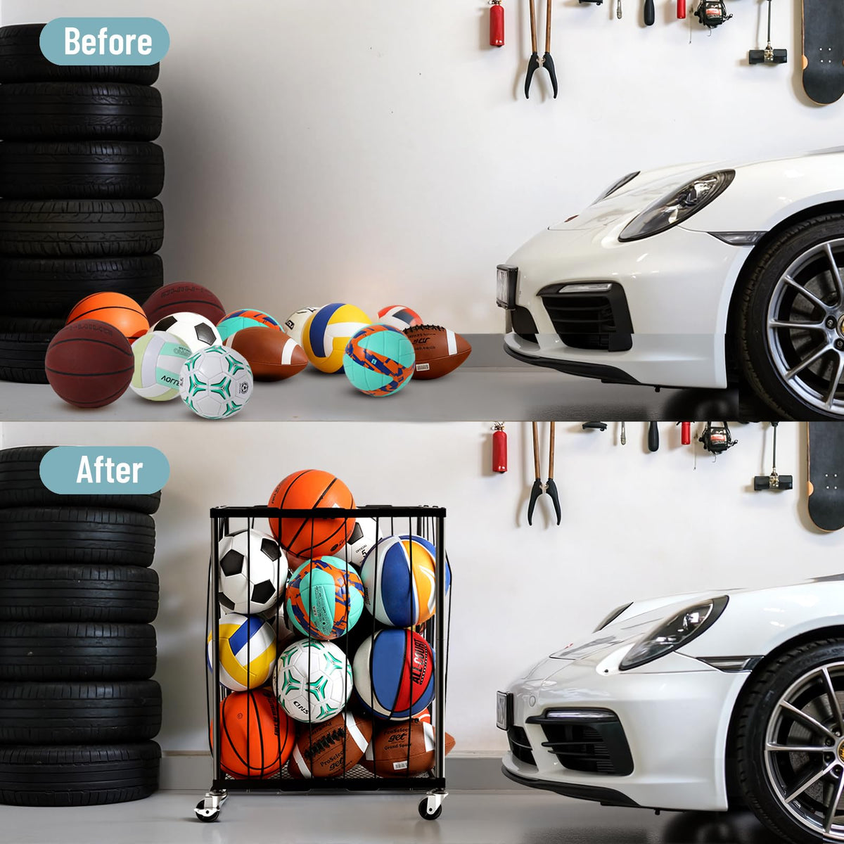TomCare Garage Ball Storage Rack, Rolling Sports Cart with Lockable Wheels