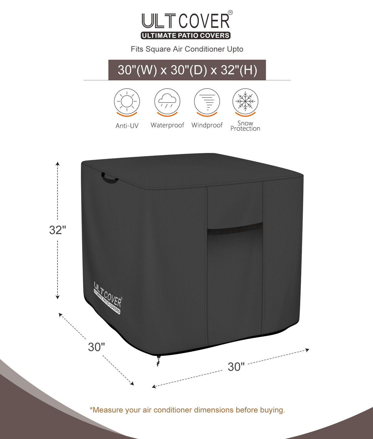 ULTCOVER Waterproof Air Conditioner Cover 30W x 30D x 32H in, Black