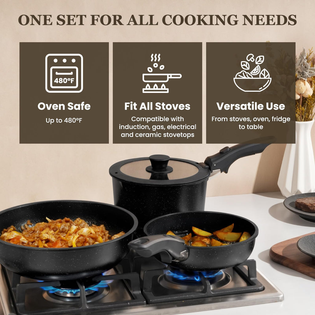 Nonstick Pots and Pans Set - 20 Pack KIKCOIN Stackable Cookware Set with Detachable Handle, RV Kitchen Cooking Set with Removable Handles - Oven Safe