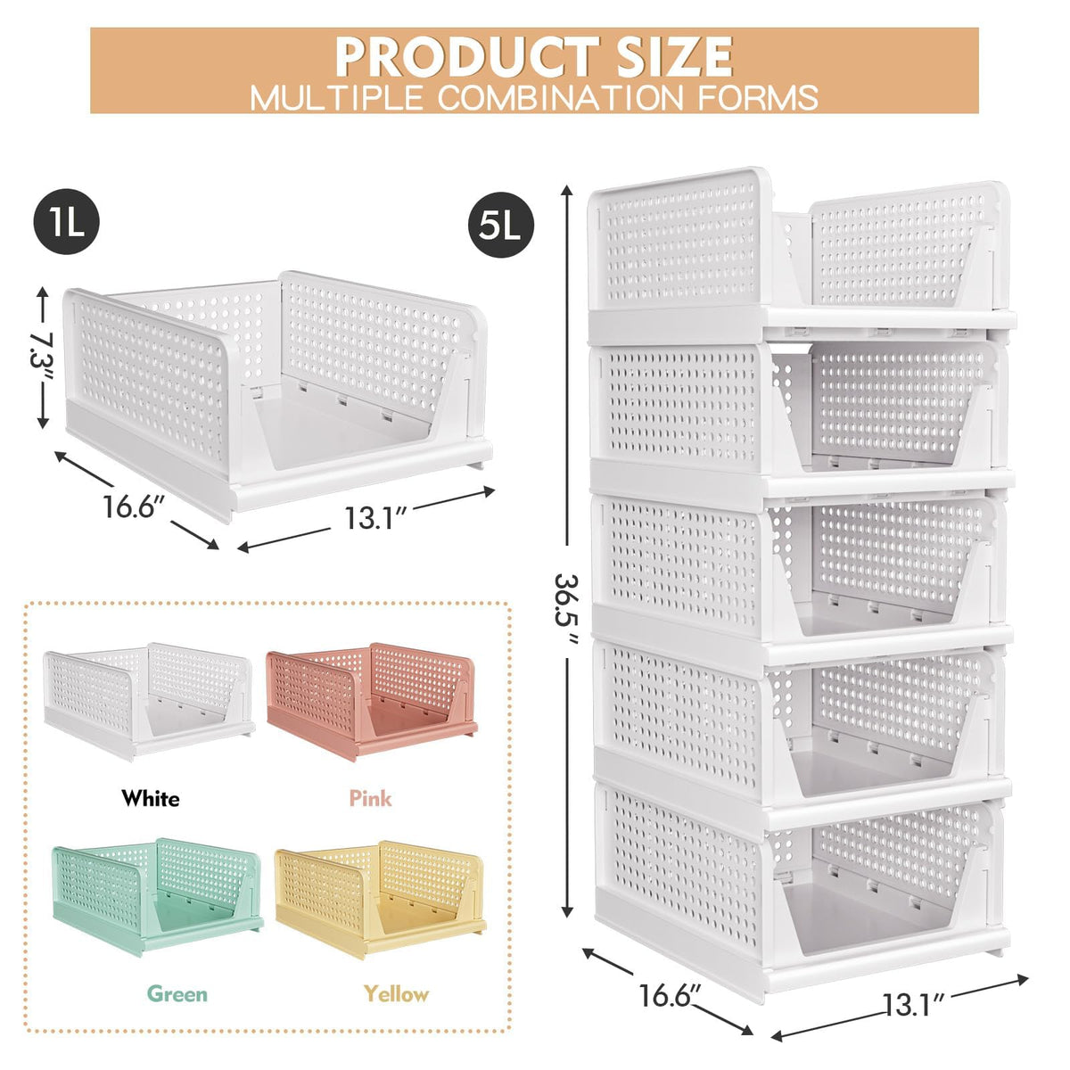 5 Pack Stackable Closet Storage Basket - Stackable Storage Bins