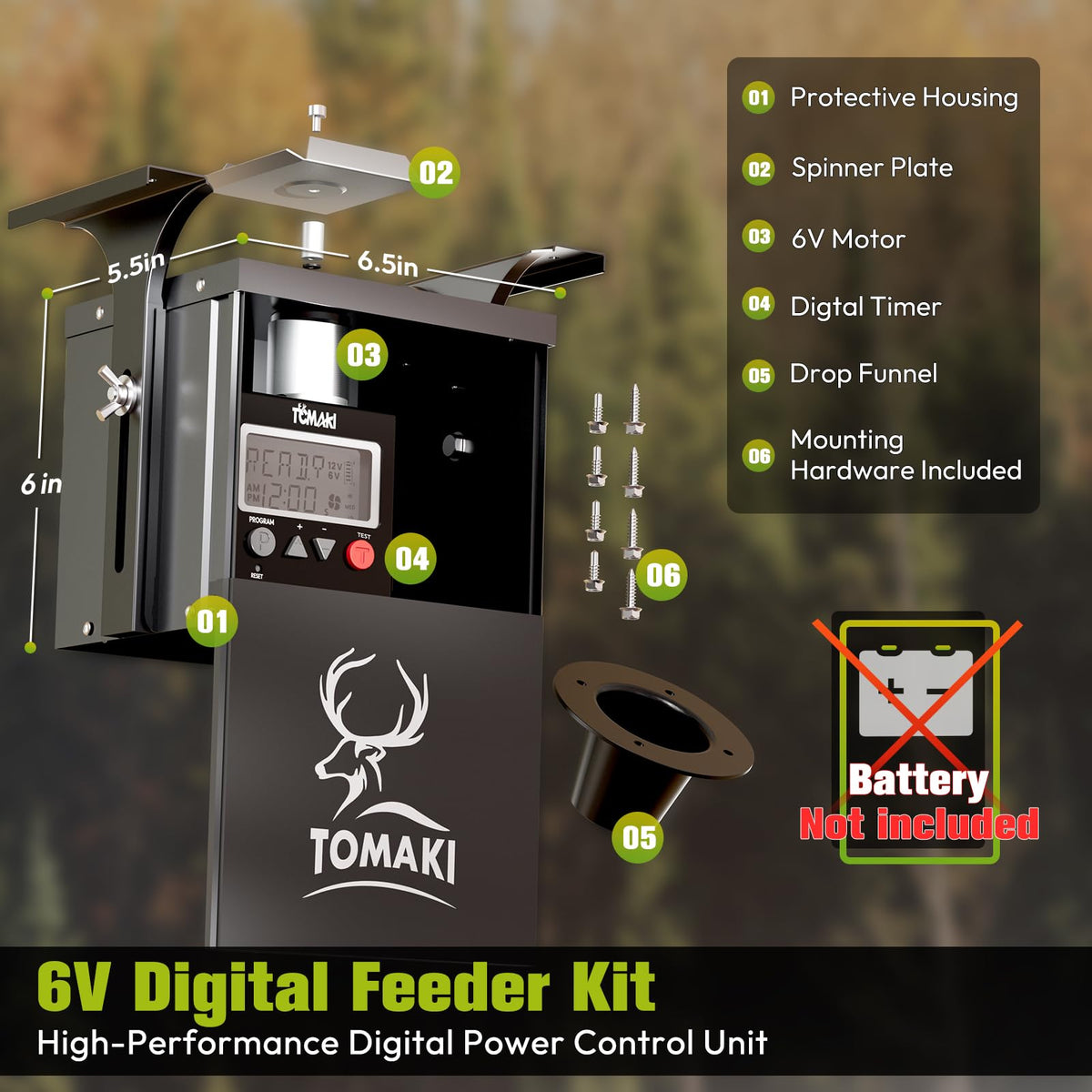 6V Deer Feeder Kit, Motor and Timer Metal Kit, Digital Game FeederTimer, Mounting Bracket Included, Up to 8 Feed Time, Easy to Install, Weatherproof