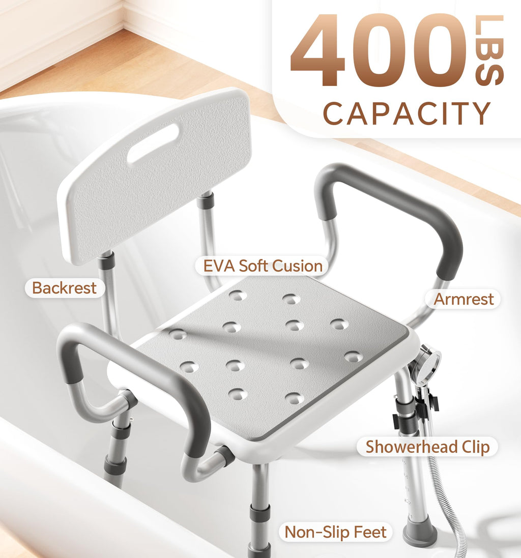 Shower Chair for Inside Shower with Arms and Back, Aluminum Frame