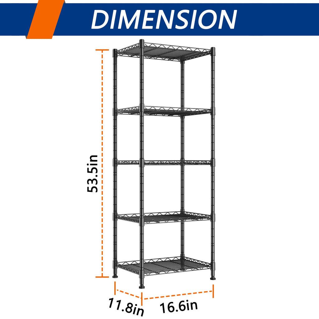 5-Wire Shelving Metal Storage Rack Adjustable Shelves,Standing Storage Shelf Units for Laundry Bathroom Kitchen Pantry Closet(Black,11.8" D x 16.6" W
