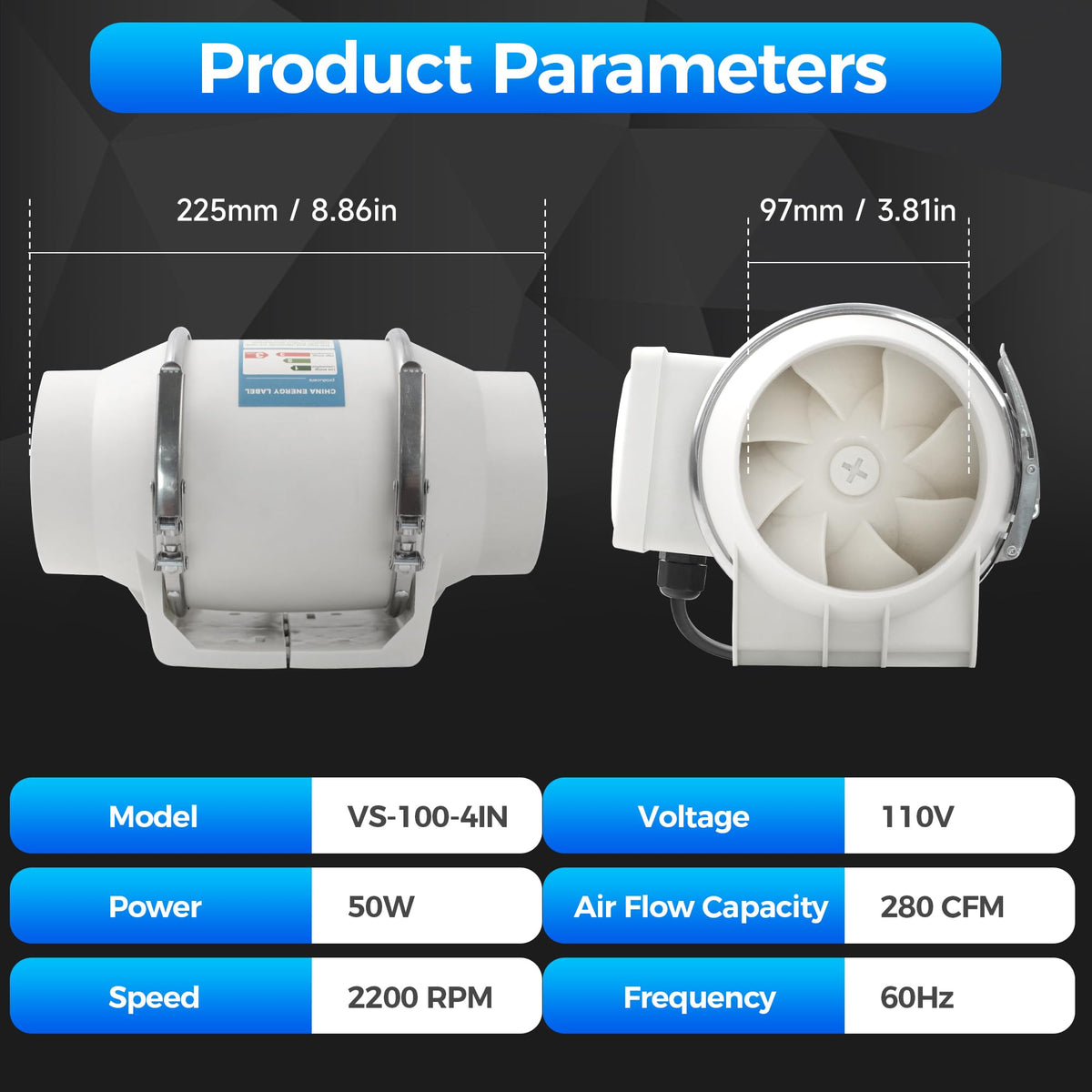 4 Inch Duct Fan 280 CFM Inline Ventilation Exhaust Fan