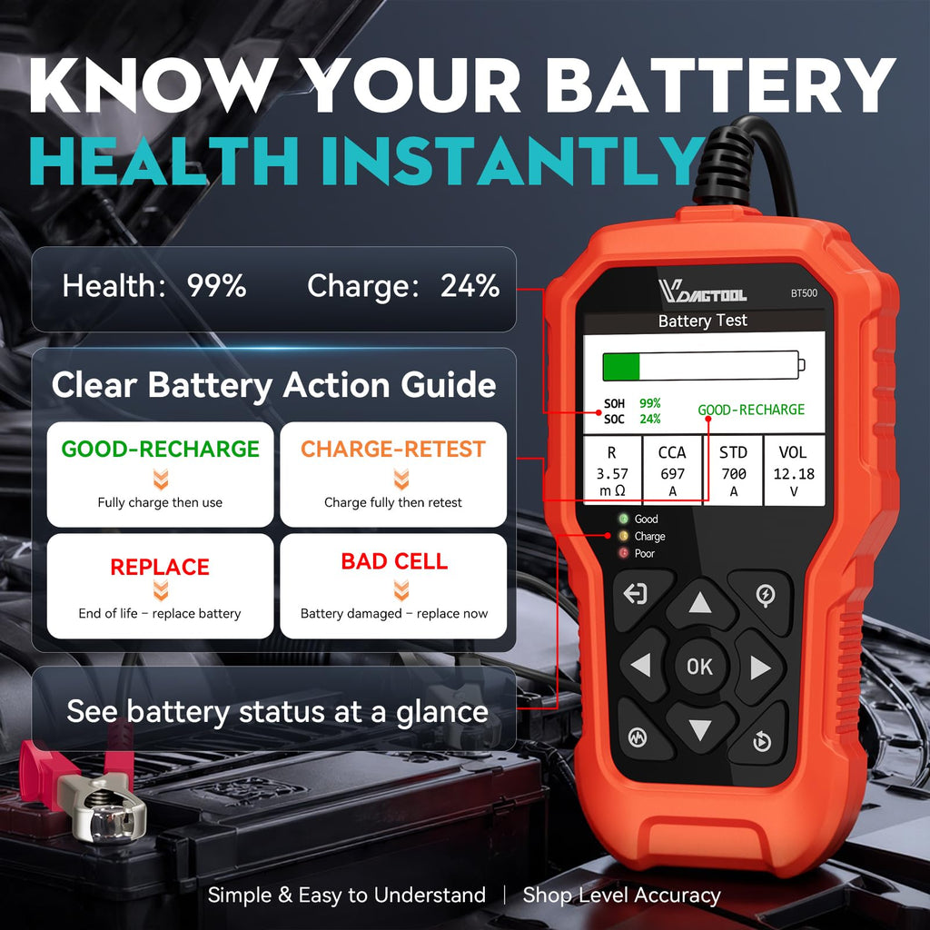 Car Battery Tester 6V 12V 24V VDIAGTOOL BT500, 5-3000 CCA Battery Load Tester, Starter Alternator Tester Automotive Charging Cranking System Analyzer