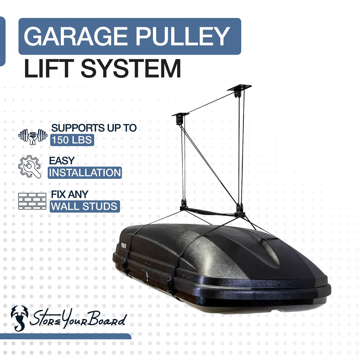 StoreYourBoard Cargo Box Pulley System – Heavy-Duty Garage Hoist Lift for Rooftop Carriers – Garage Storage & Garage Organization Ceiling Hoist with