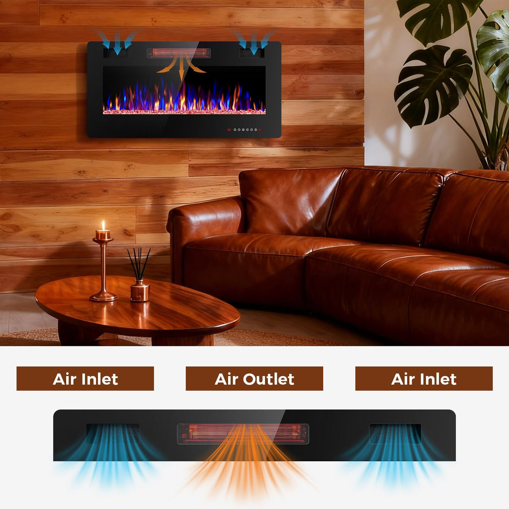Electactic 36 Inch Electric Fireplace Insert Ultra-Thin - Recessed & Wall-Mounted Fireplace Heater with Thermostat, Adjustable Flame, Remote Control