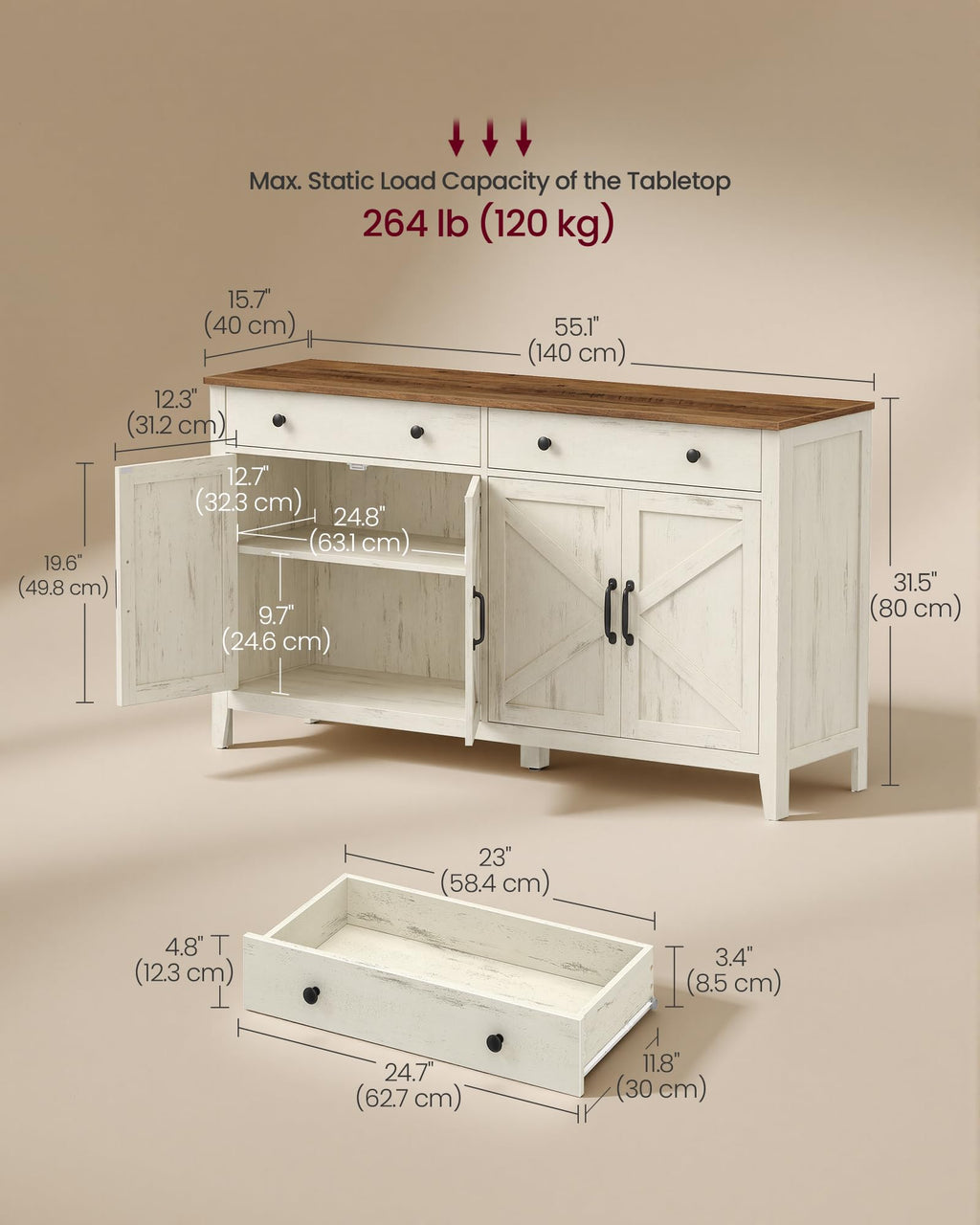 VASAGLE Farmhouse Buffet Cabinet, Coffee Bar with 2 Drawers