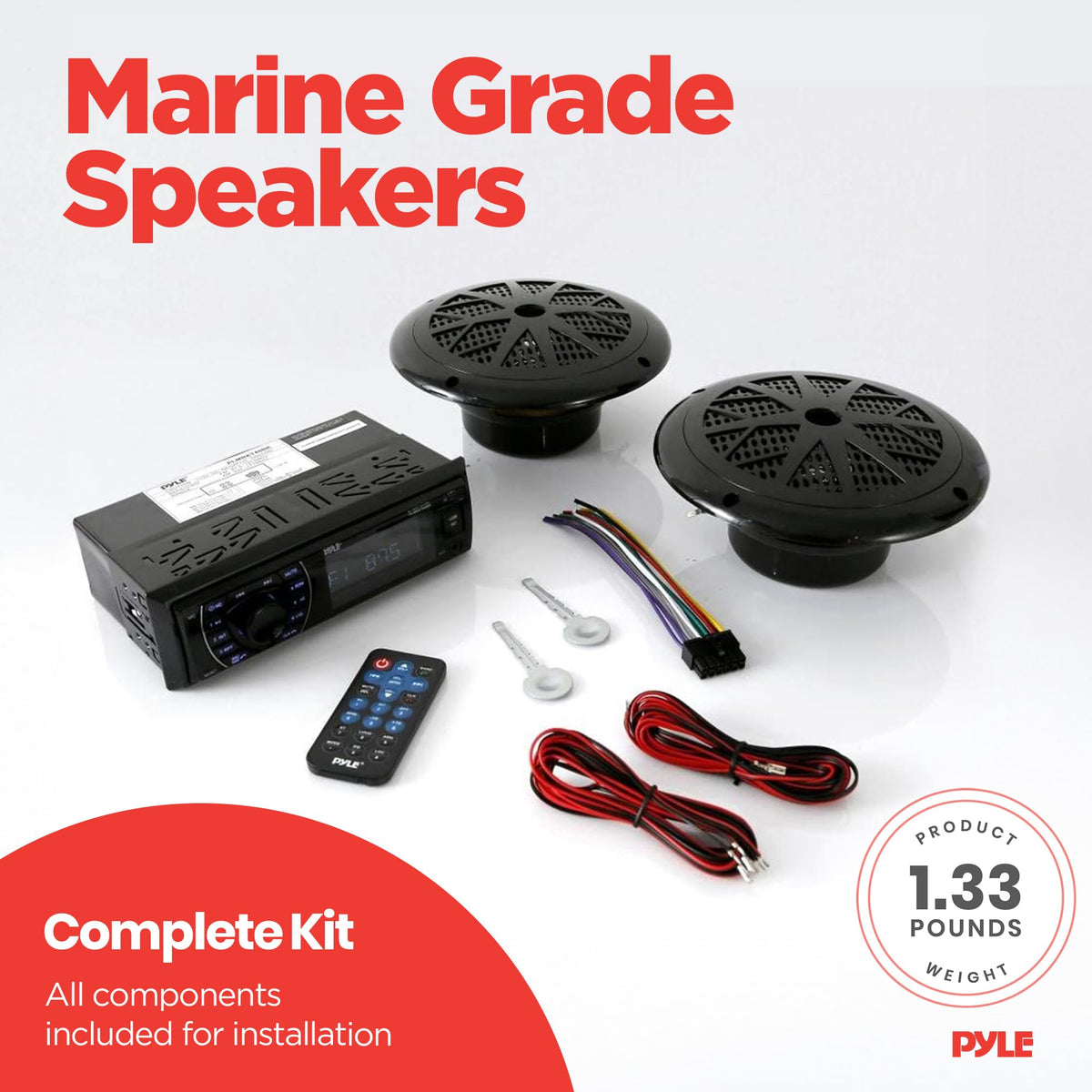 Pyle Marine Headunit Receiver Speaker Kit - In-Dash LCD Digital Stereo Built-in Bluetooth & Microphone w/ AM FM Radio System 5.25’’ Waterproof