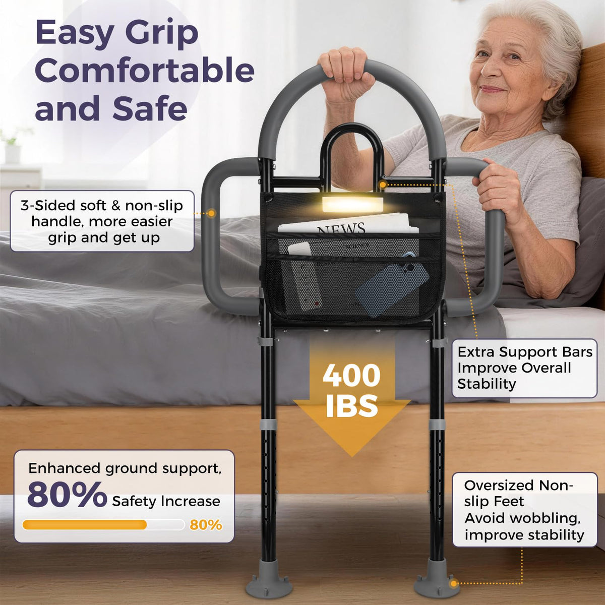 Bed Rails for Elderly Adults, 400lbs Load with Motion Sensor Light