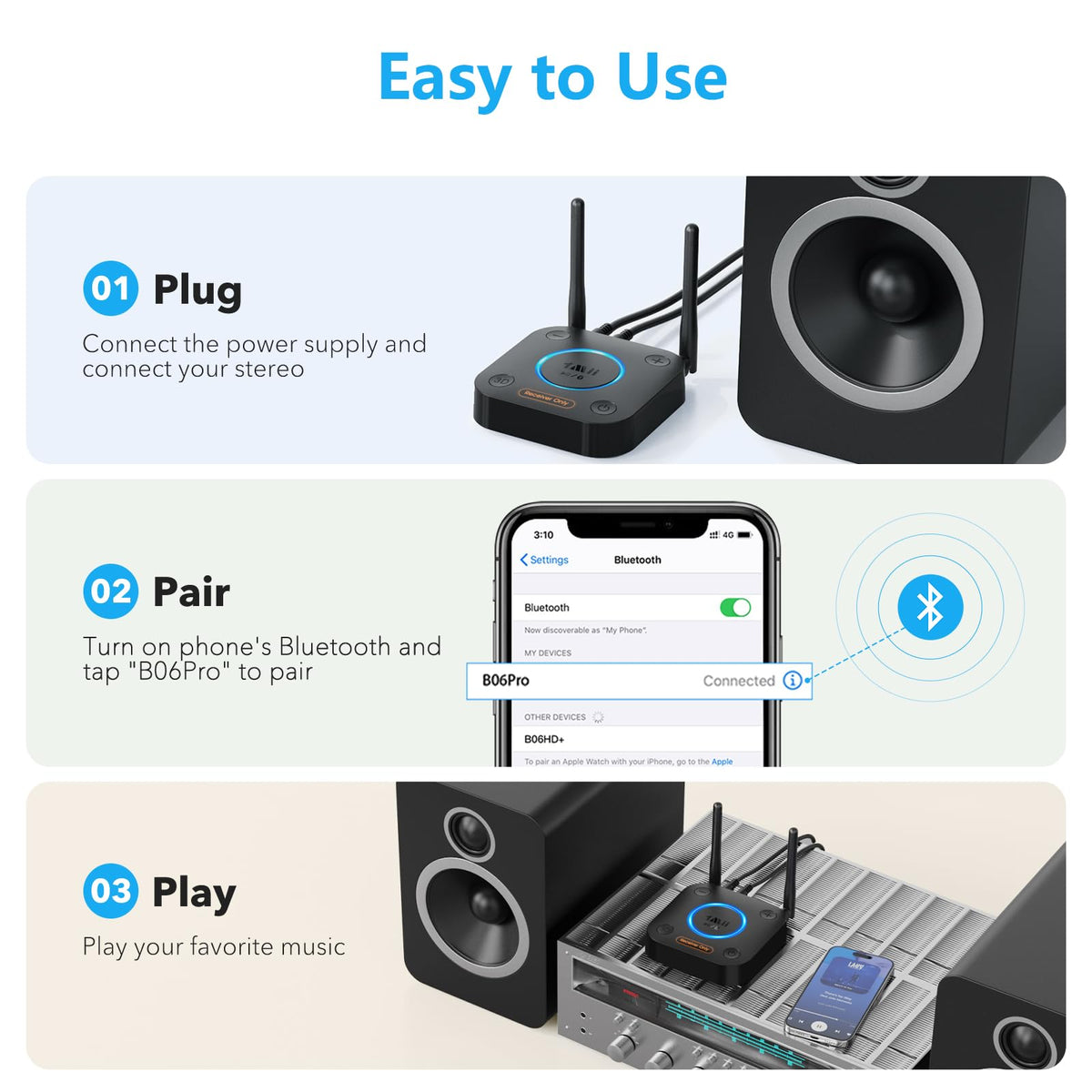 [Upgraded] 1Mii B06Pro Long Range Bluetooth Receiver, HiFi Wireless Audio Adapter, Bluetooth 5.3 Receiver with 3D Surround aptX HD Low Latency
