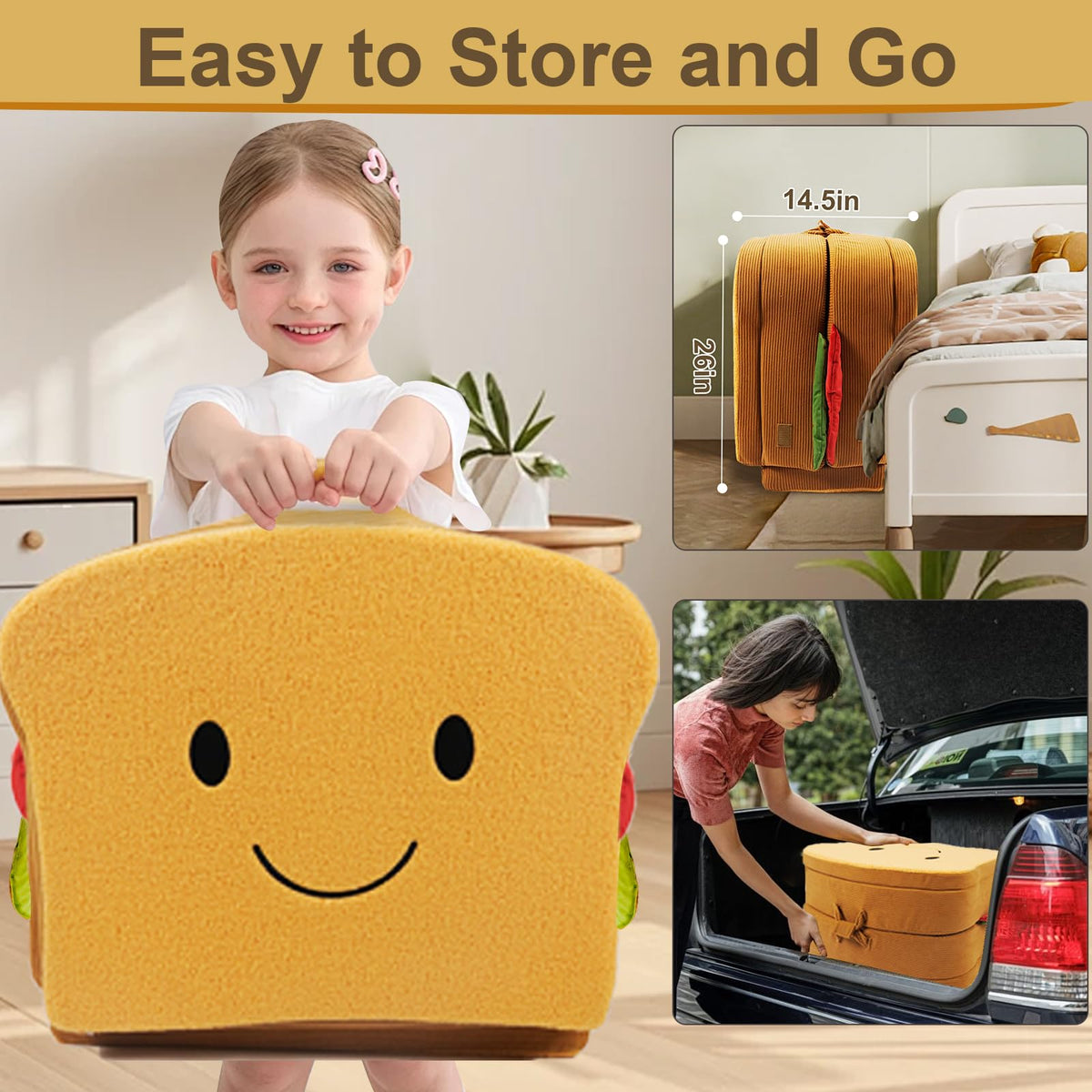 Toddler Travel Bed Sandwich Style - Portable Toddlers Floor Beds, Foldable Soft Foam Travel Bed for Baby and Kid, Washable Cover Toddler Cot with