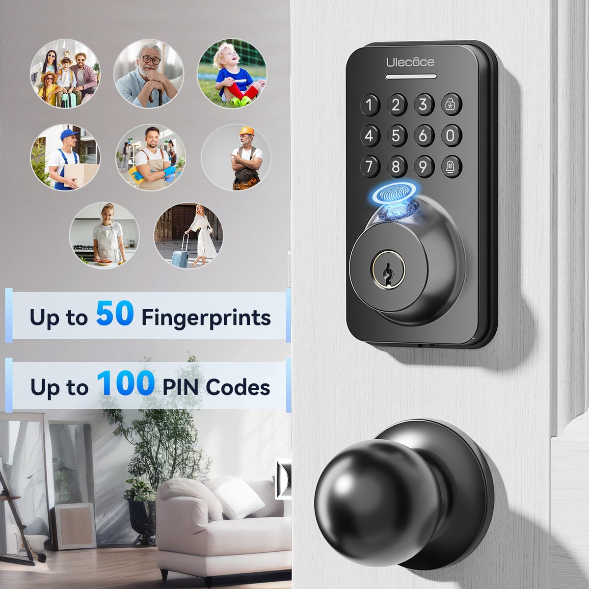 U68 Fingerprint Keypad Deadbolt with Knob Set, Matte Black
