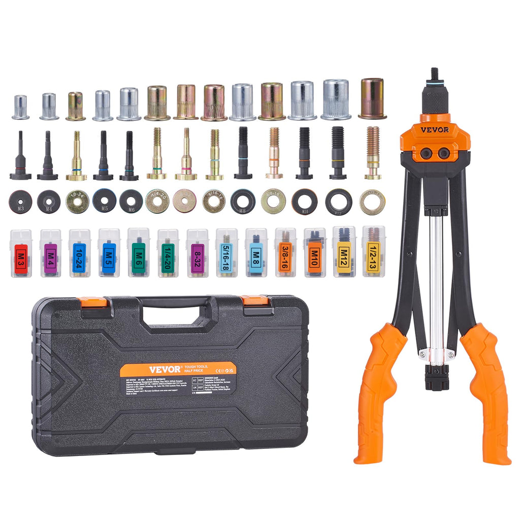 VEVOR Rivet Nut Tool, 16 inch Rivnut Tool Kit with 13PCS Metric and SAE Mandrels, 186PCS Rivet Nuts, Semi-auto Retraction, M3, M4, M5, M6, M8, M10