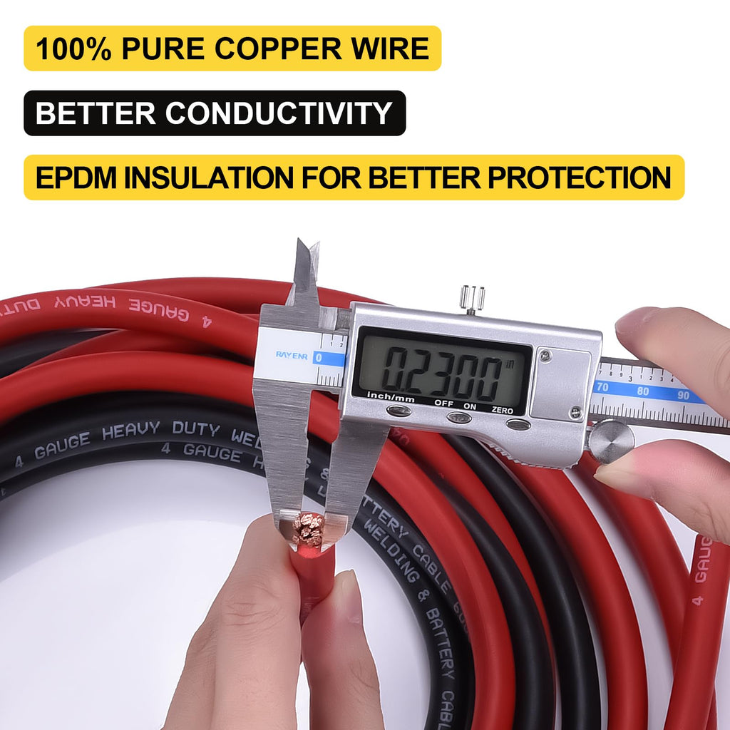 4 Gauge Battery Cable, 10FT Red + 10FT Black 4 AWG Pure Copper Wire Welding Cable, for Automotive, Battery, Solar and Generator, Standard USA OFC Wire