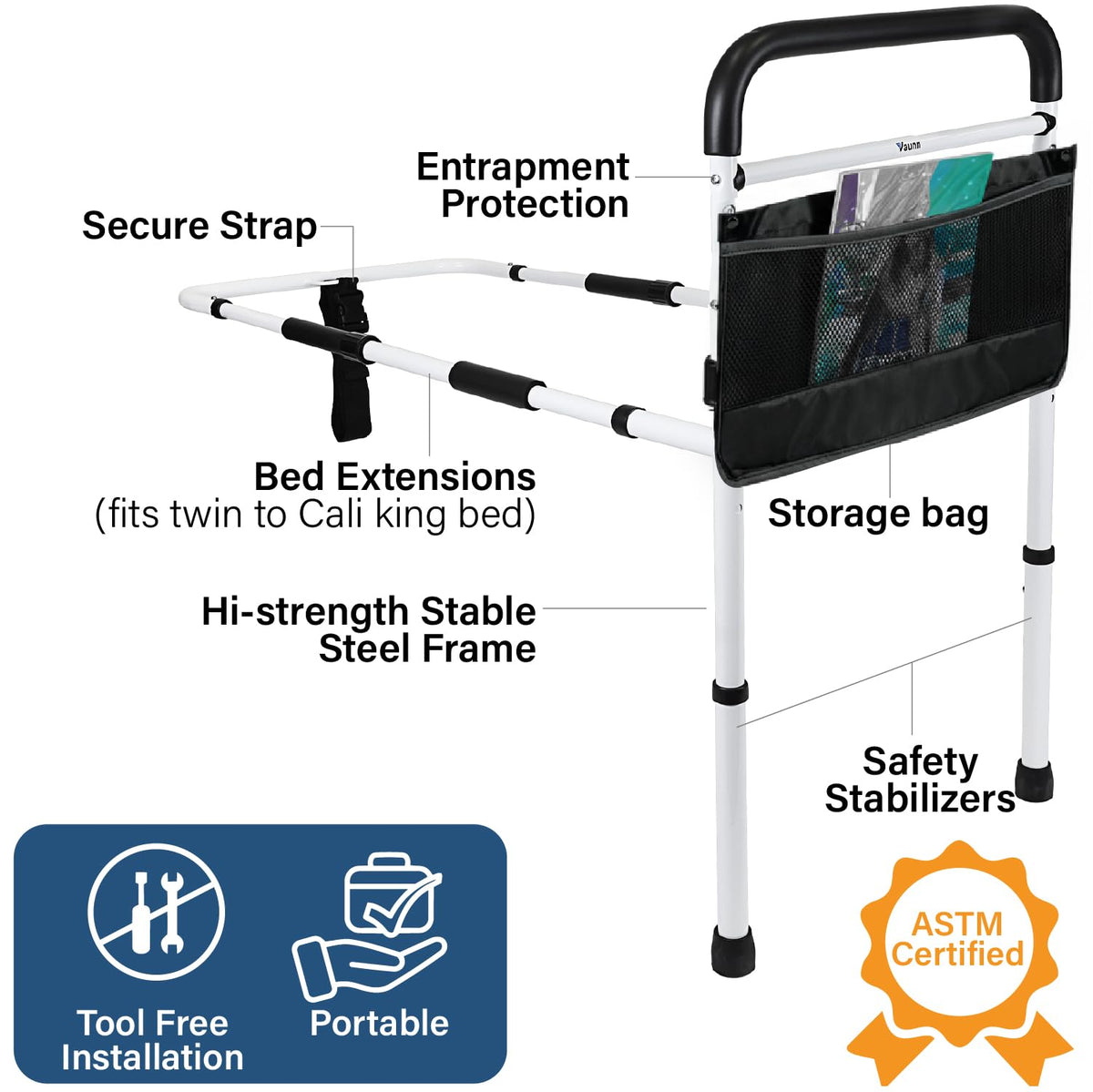 Vaunn Medical Bed Rail for Elderly Adults Safety, ASTM F3186-17 Certified, Adjustable Bed Assist Handle and Grab Bar for Seniors, 300 lb, Tool-Free