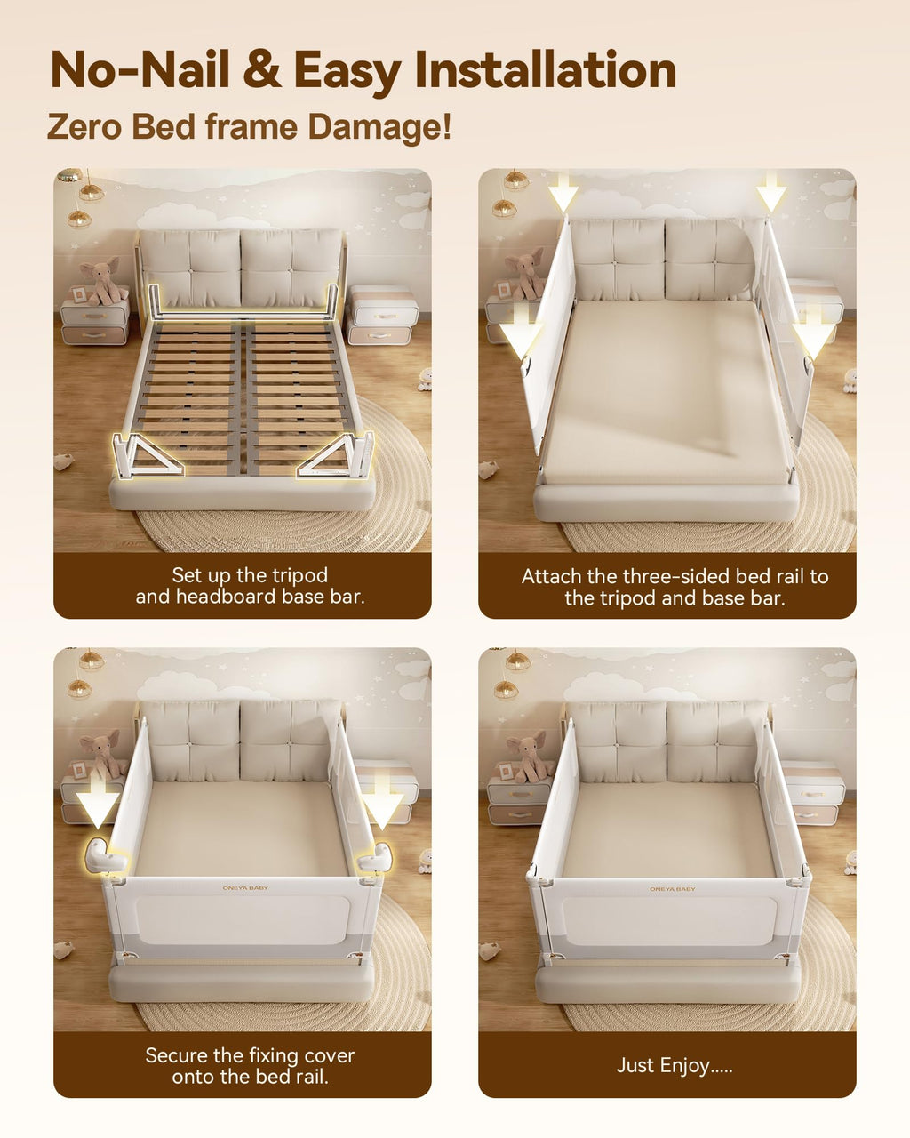 3 Piece Bed Rails for King Size Bed, No-Drill Needed Baby Bed Rail Guard
