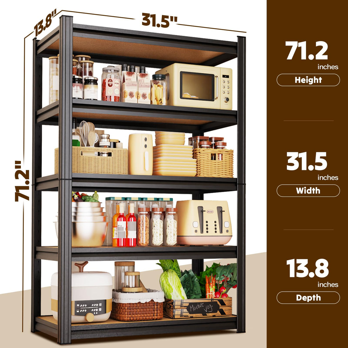 Garage Shelving 5 Tier Storage Shelves Adjustable Shelf 71"Hx31.5"Wx13.8"D
