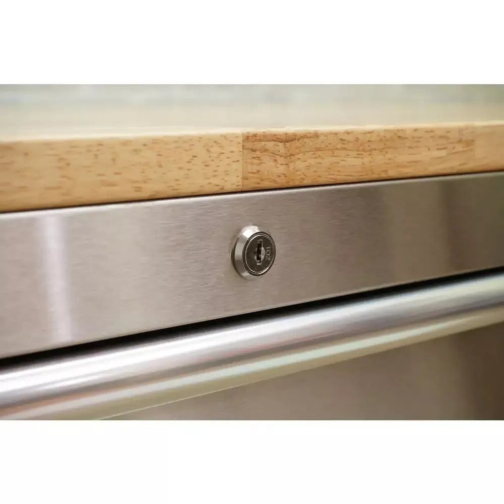 72-Inch 18-Drawer Mobile Workbench, 24-Inch Deep, Solid Wood Top, Stainless Steel Finish