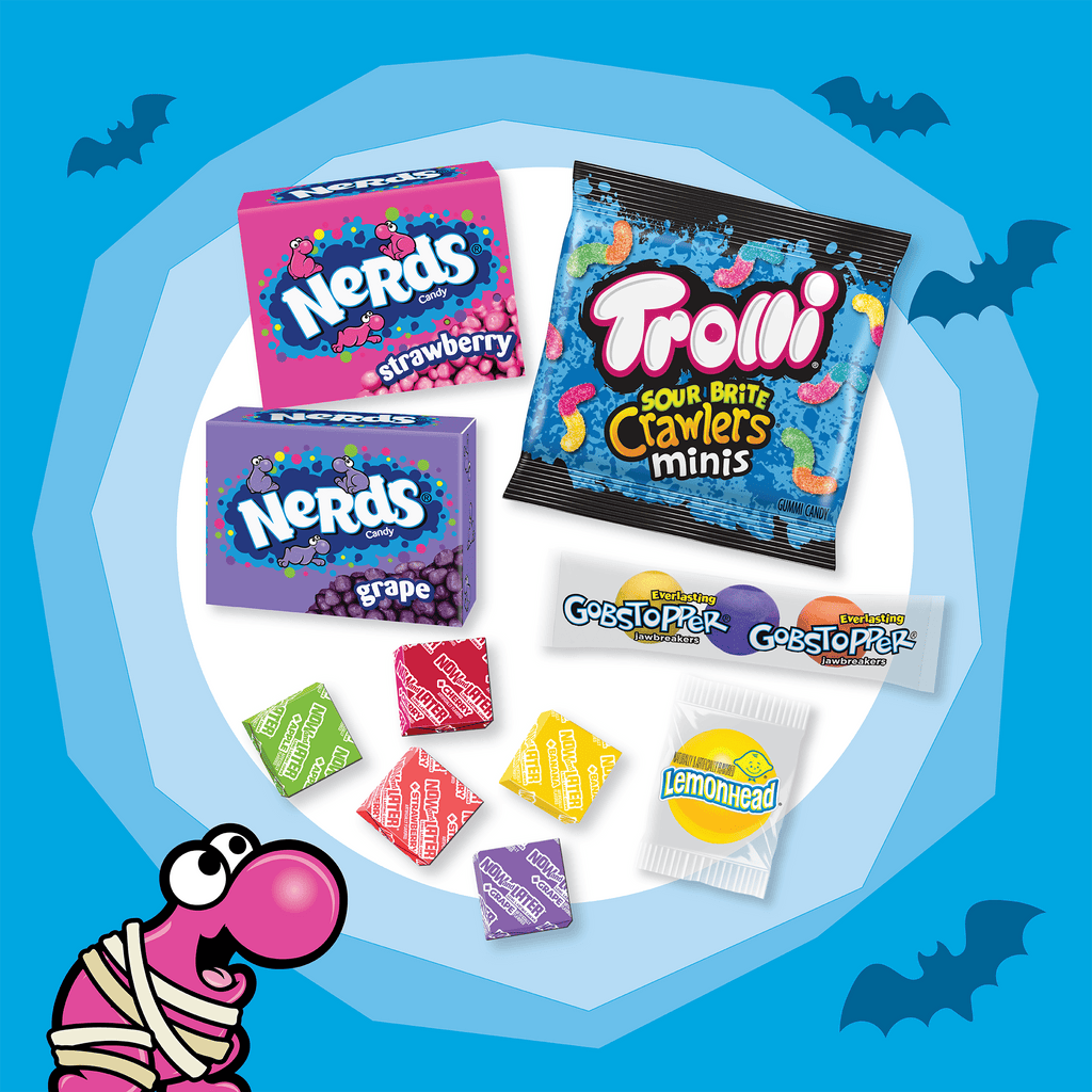 Nerds Classic Fun Halloween Trick-or-Treat Variety Bag, Trolli, Now and Later, Lemonhead, Gobstopper, and NERDS Original, 200 Pieces, 54 Ounces