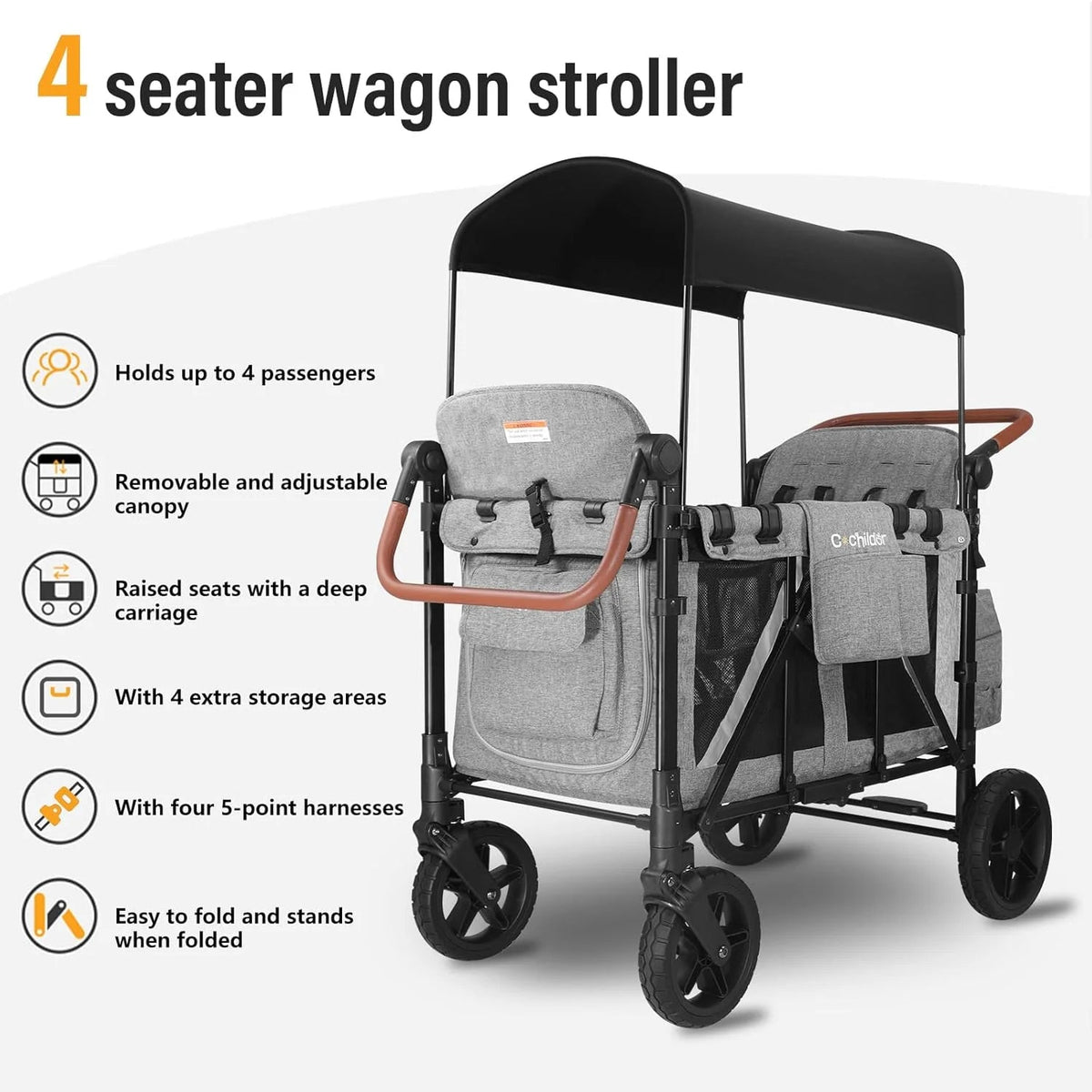 Cochildor 4 Seater All-Terrain Wagon Stroller, 300 lb Capacity, Light Grey - ST4N