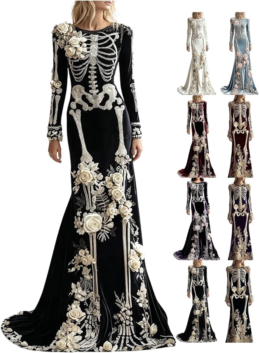 Women Skeleton Dress 3D Print Velvet Floral Long Sleeve Halloween Costumes, Skeleton Costume for Women Cosplay Party