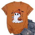 KimSoong Women Halloween T-Shirt Cute Ghost Fall Pumpkin Graphic Shirt Coffee Lover Tees Short Sleeve Tops