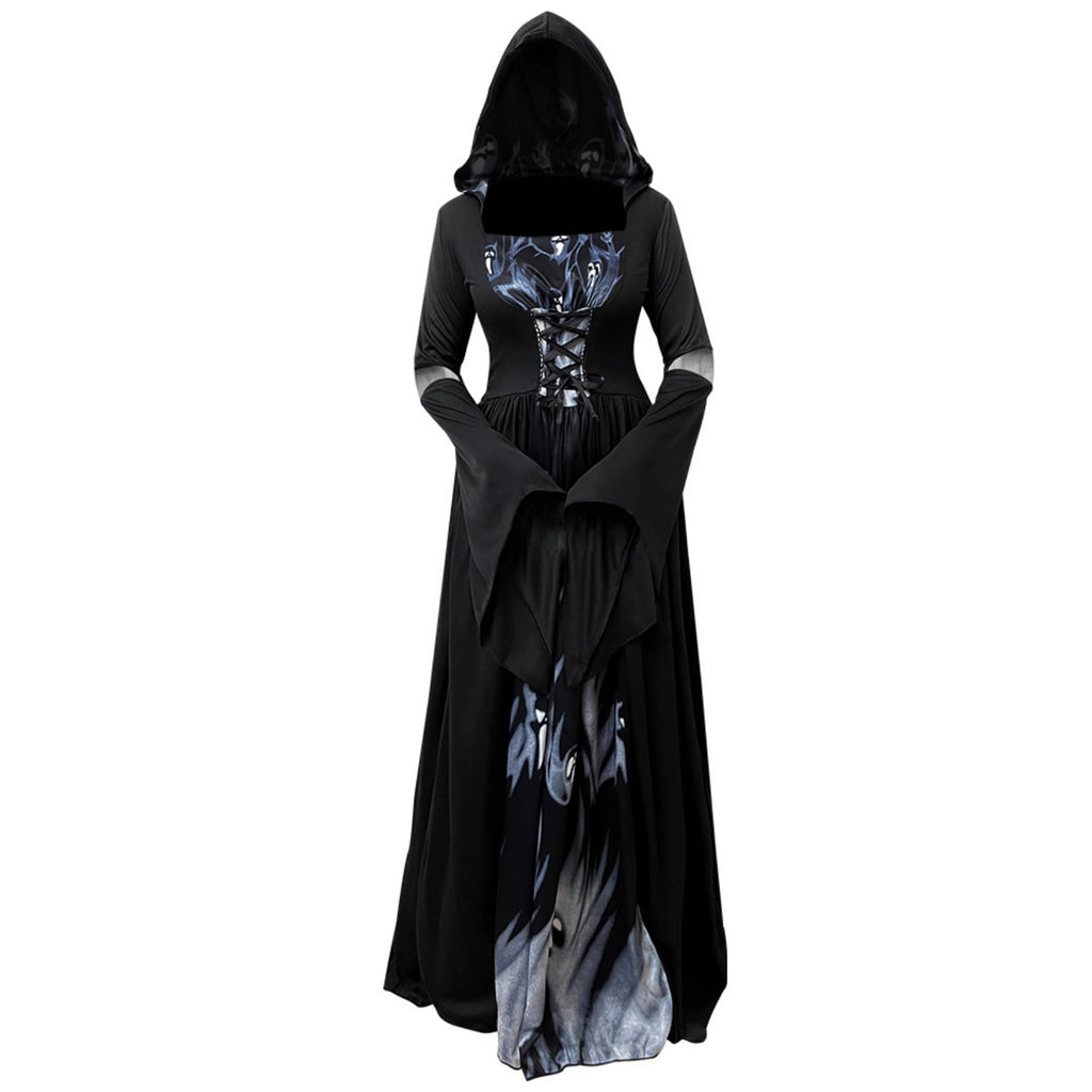 Dark Mage Hooded Robe for Women Halloween Witch Costume with Flared Sleeves & Fitted Bodice